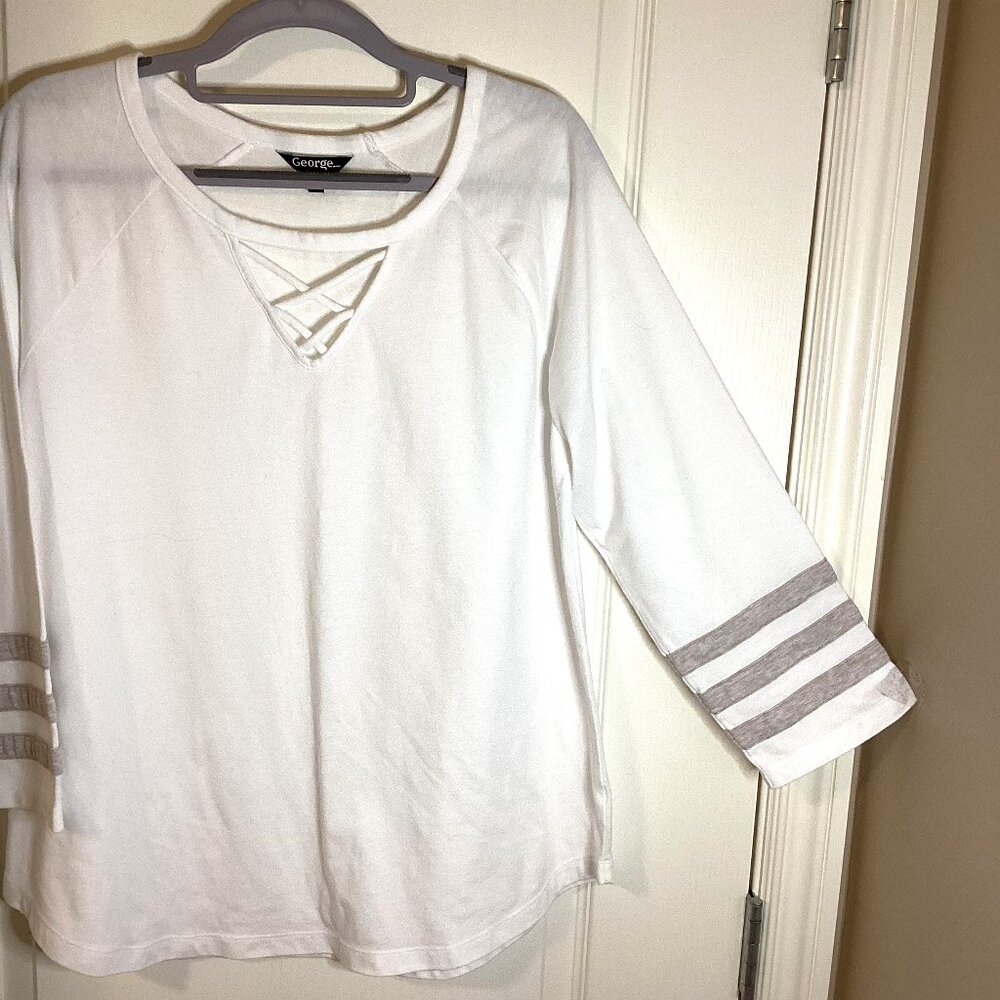 George Women's White 3/4 Sleeve Top Criss-Cross Neck Detail Semi Sheer Casual